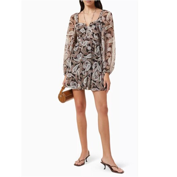 2/$40 New Minkpink Sakira Paisley Chiffon Boho Mini Dress Ecru Black XS - Picture 1 of 12